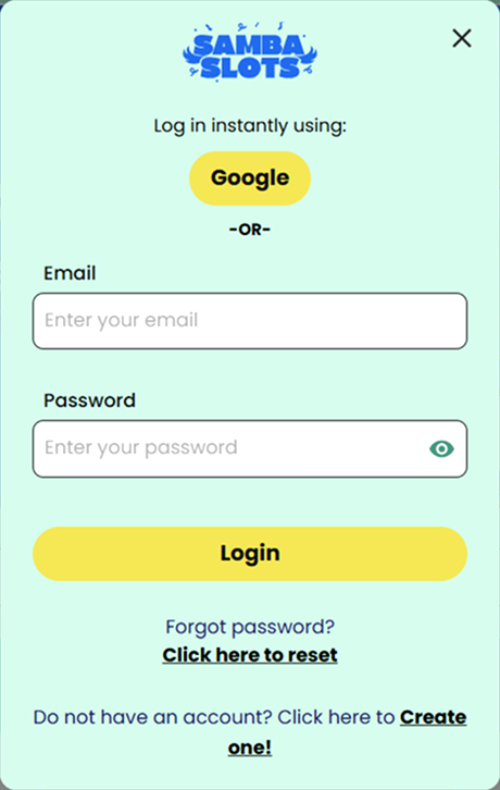 Samba Slots login form with email and password