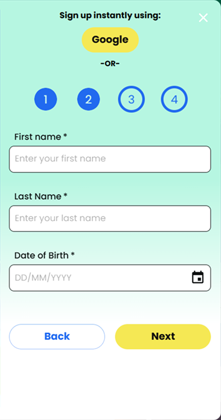 Registration step two with name and birth date
