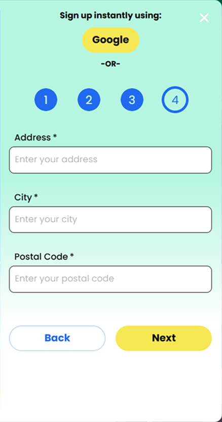 Registration step four with address and postcode