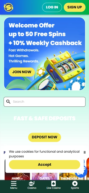 Samba Slots mobile homepage with ten percent cashback