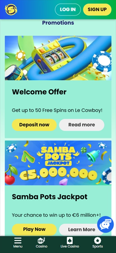 Samba Slots mobile promotions with Le Cowboy spins