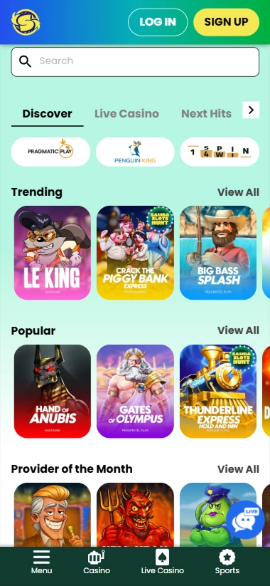 Samba Slots mobile lobby with Big Bass Splash